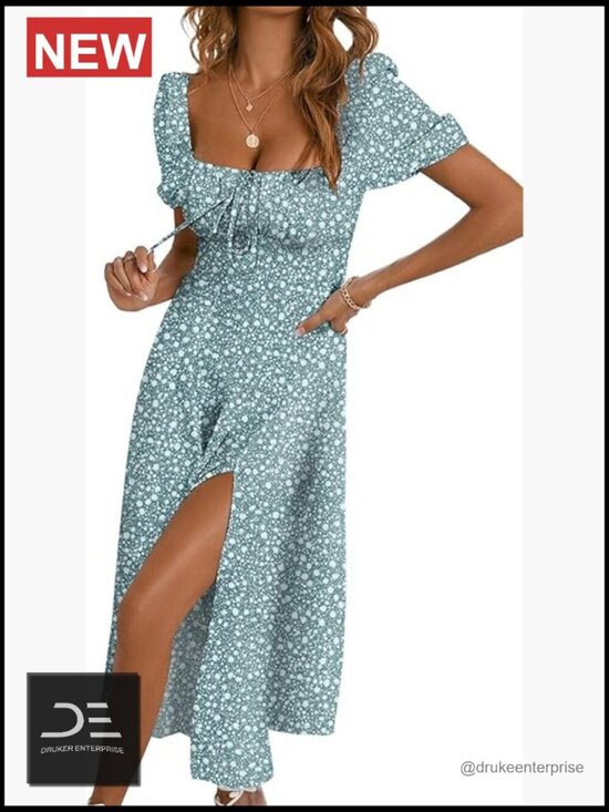 Dresses & Skirts - Square Neck Puff Short Sleeve High Waist Midi Dress with Side Slit